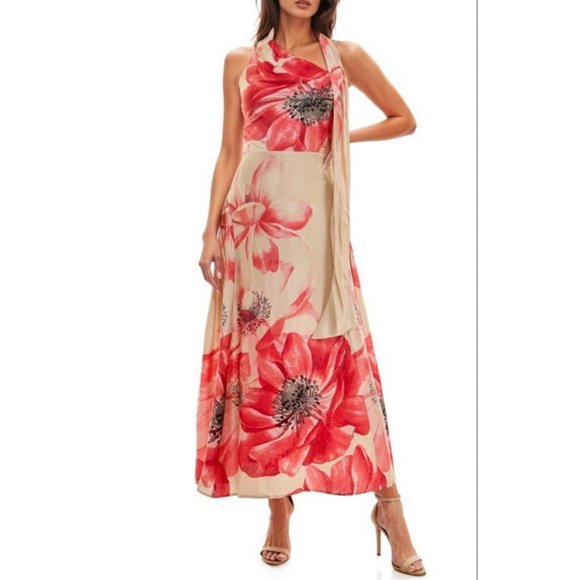 Socialite Floral Halter Maxi Dress Ivory Red Poppy Print Chiffon Gown NWT